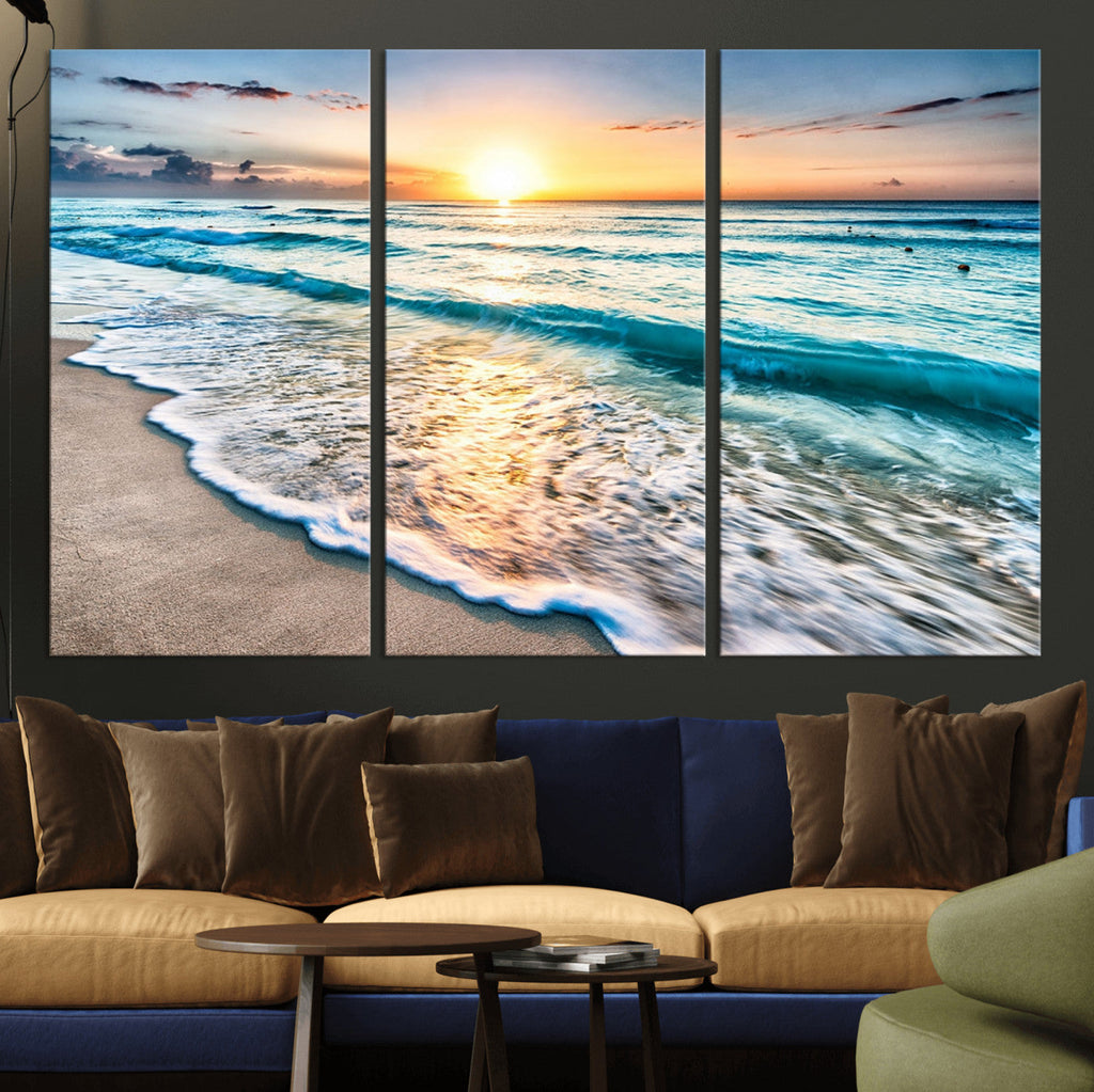 Sunset Beach Waves Canvas Wall Art | Ocean Sunset Coastal Print