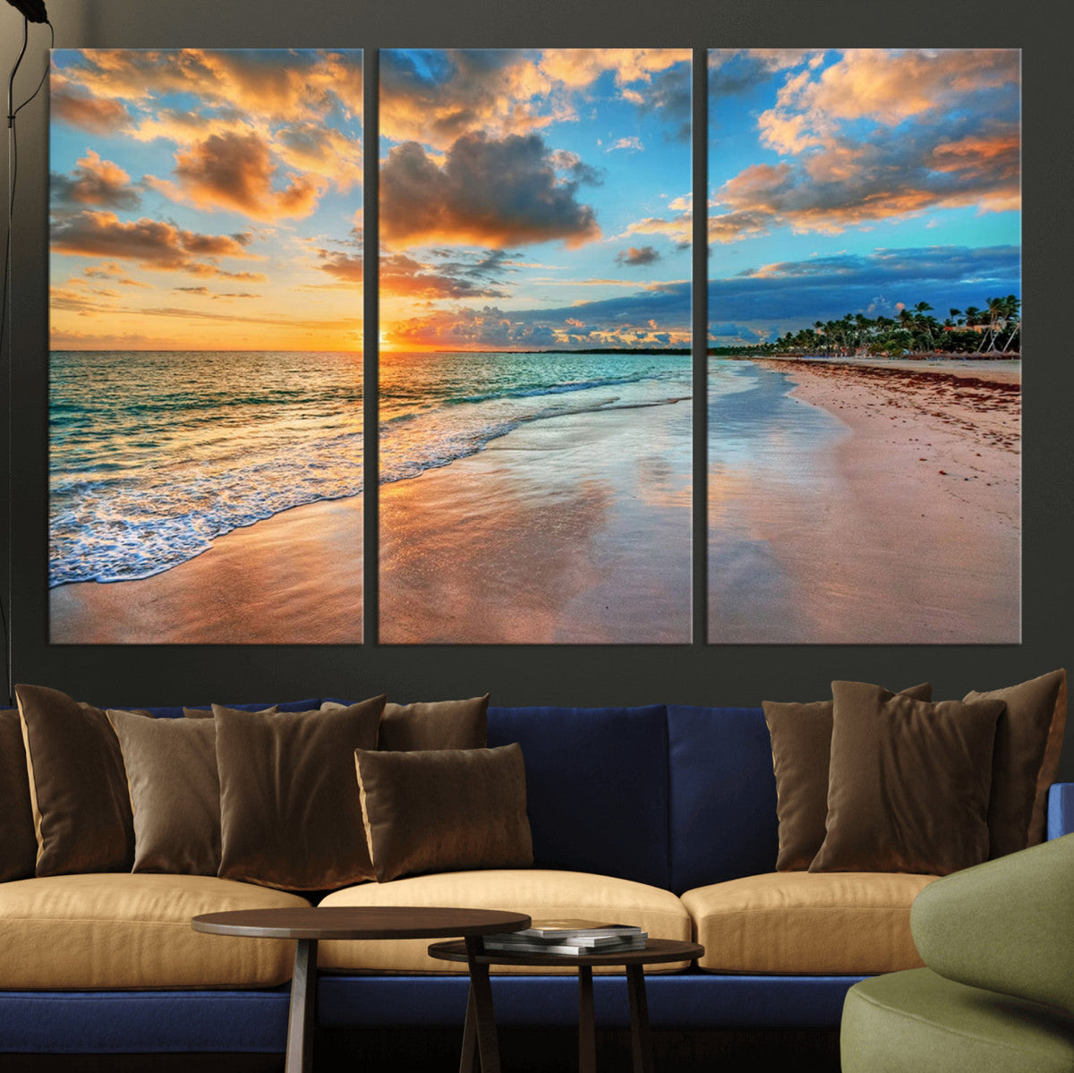 Sunset Beach Canvas Wall Art | Tropical Triptych Seascape Print