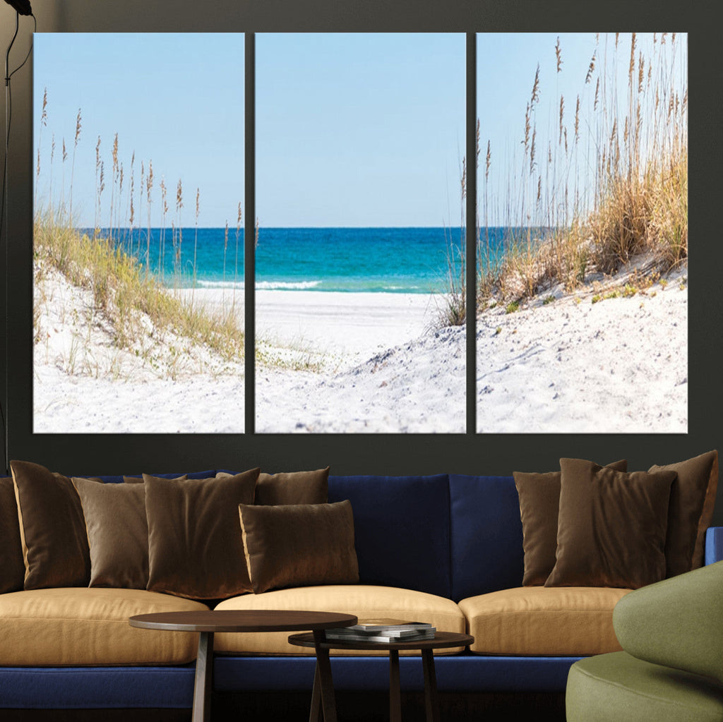 Serene Coastal Dune Path with Ocean View, 3-Panel Beach Canvas Wall Art