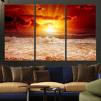 Red Sunset Ocean Beach Canvas Wall Art, Coastal Sunset Print