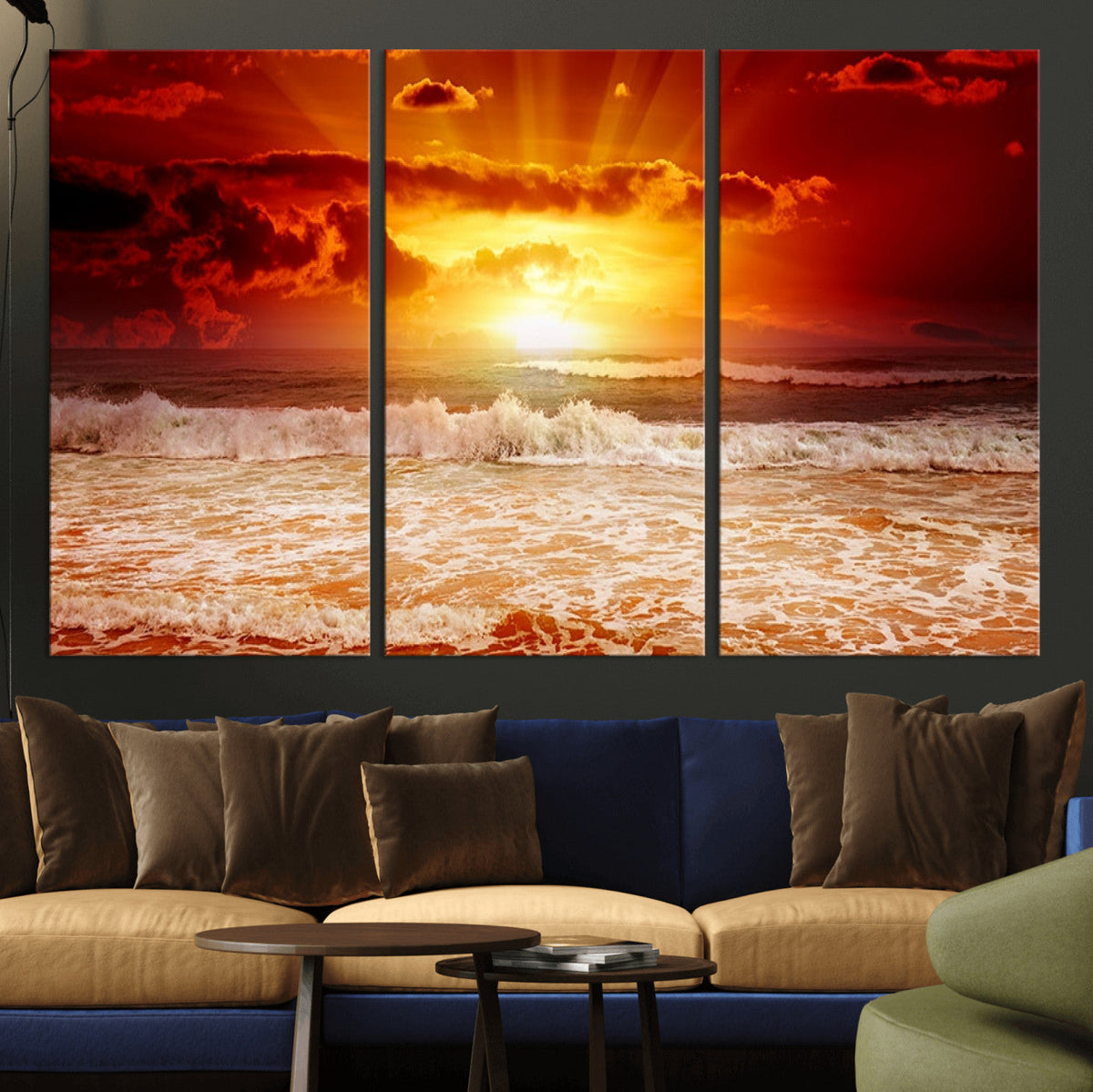 Red Sunset Ocean Beach Canvas Wall Art, Coastal Sunset Print