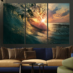 Ocean Wave Sunset Canvas Wall Art | Triptych Seascape Print