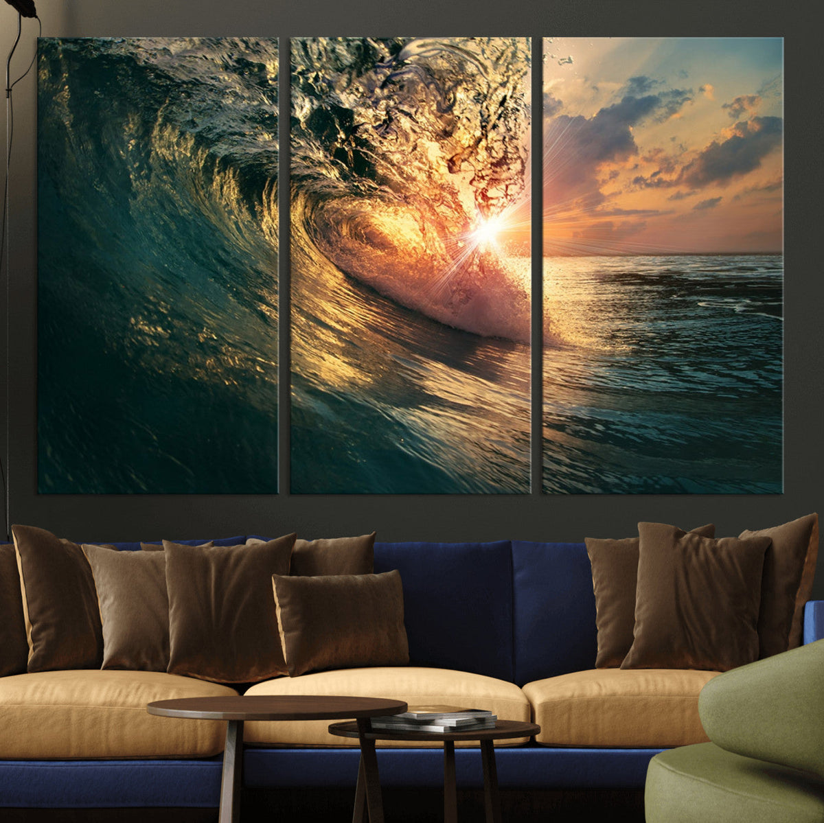 Ocean Wave Sunset Canvas Wall Art | Triptych Seascape Print