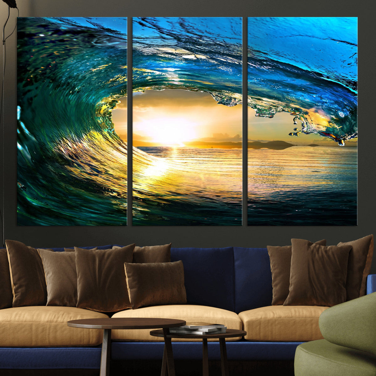 Ocean Wave at Sunset Canvas Art, Large Wall Print of Vibrant Surfing Wave