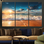 Golden Sunset Beach Triptych Canvas Art, Giclee Coastal Wall Decor, Ocean Waves Print