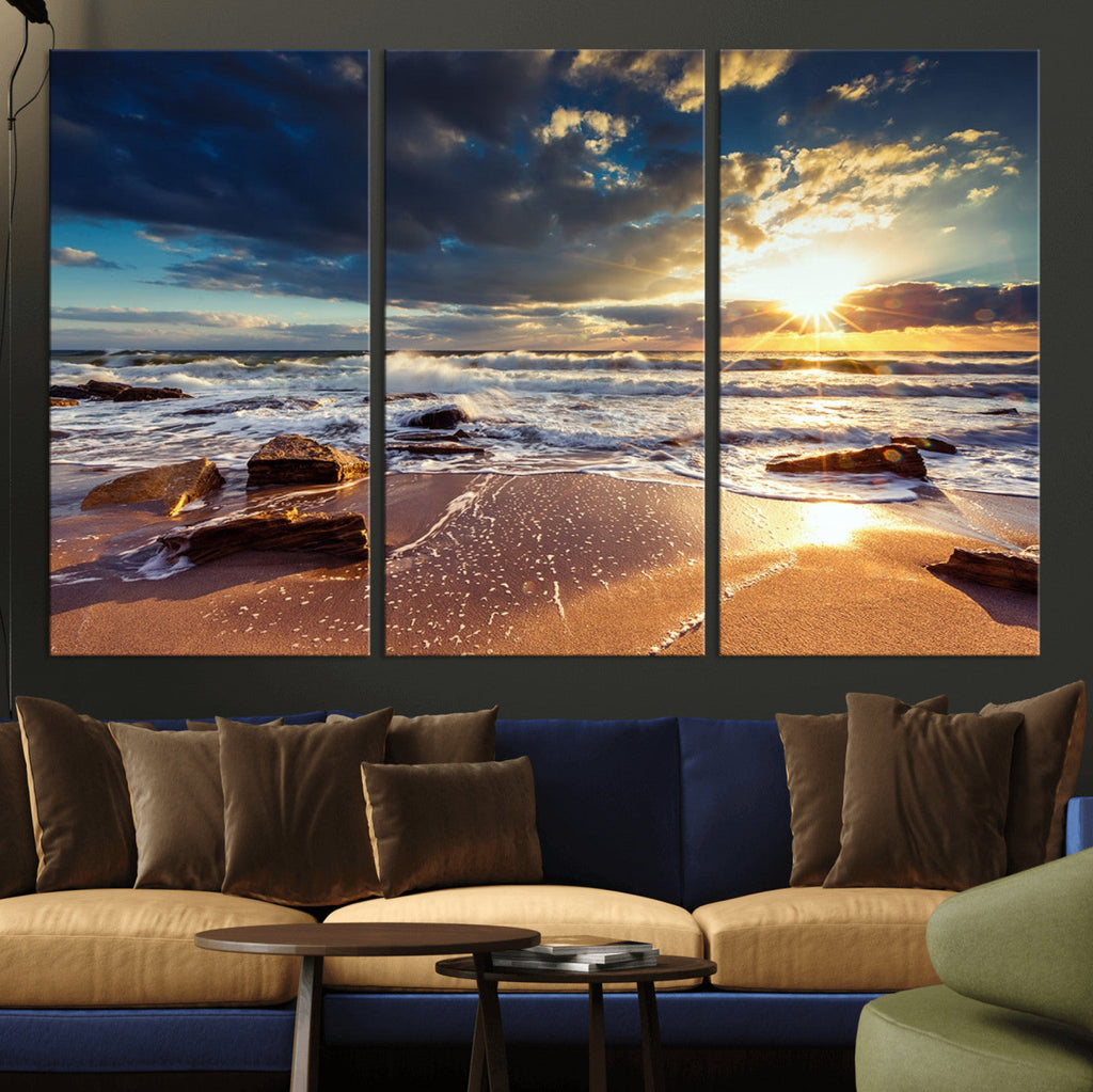 Golden Hour Beach Sunset Canvas Triptych, Ocean Waves and Rocks Wall Art