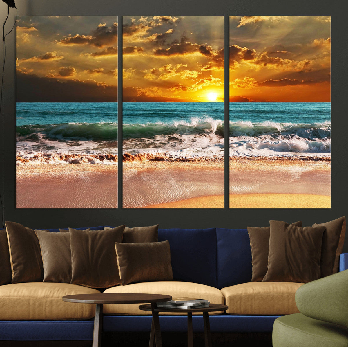 Golden Sunset Beach Canvas Wall Art | Triptych Seascape Print, Framed and Ready to Hang
