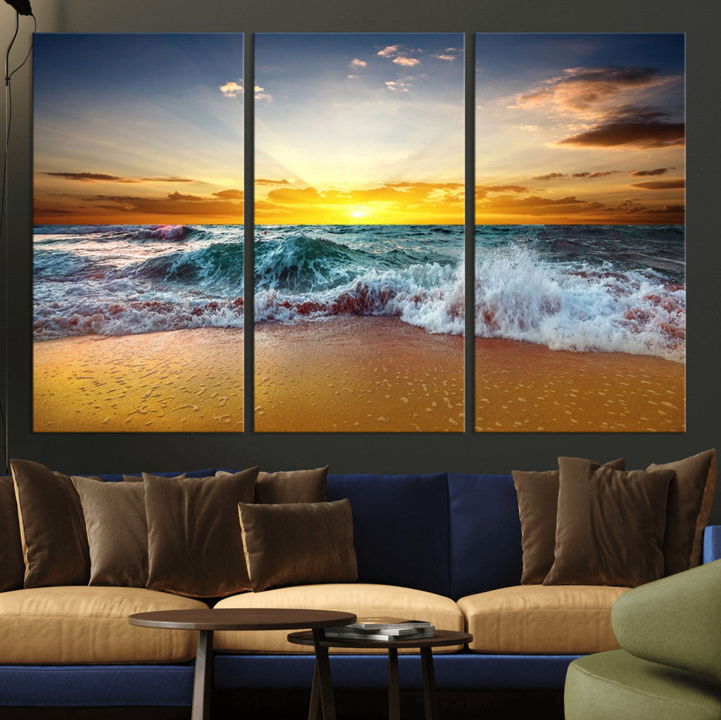 Golden Sunset Ocean Waves Wall Art Canvas Print | Multi Panel Beach Canvas Set, Coastal Triptych