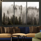 Foggy Mountain Wall Art | 3-Panel Foggy Forest and Mountain Landscape Canvas Print