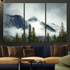 Mountain Mist Canvas Wall Art Print | 3-Panel Foggy Forest and Mountain Landscape