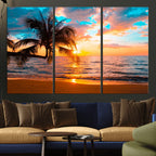 Palm Tree Sunset On The Beach Wall Art Canvas, Framed Palm Tree Sunset Canvas Print