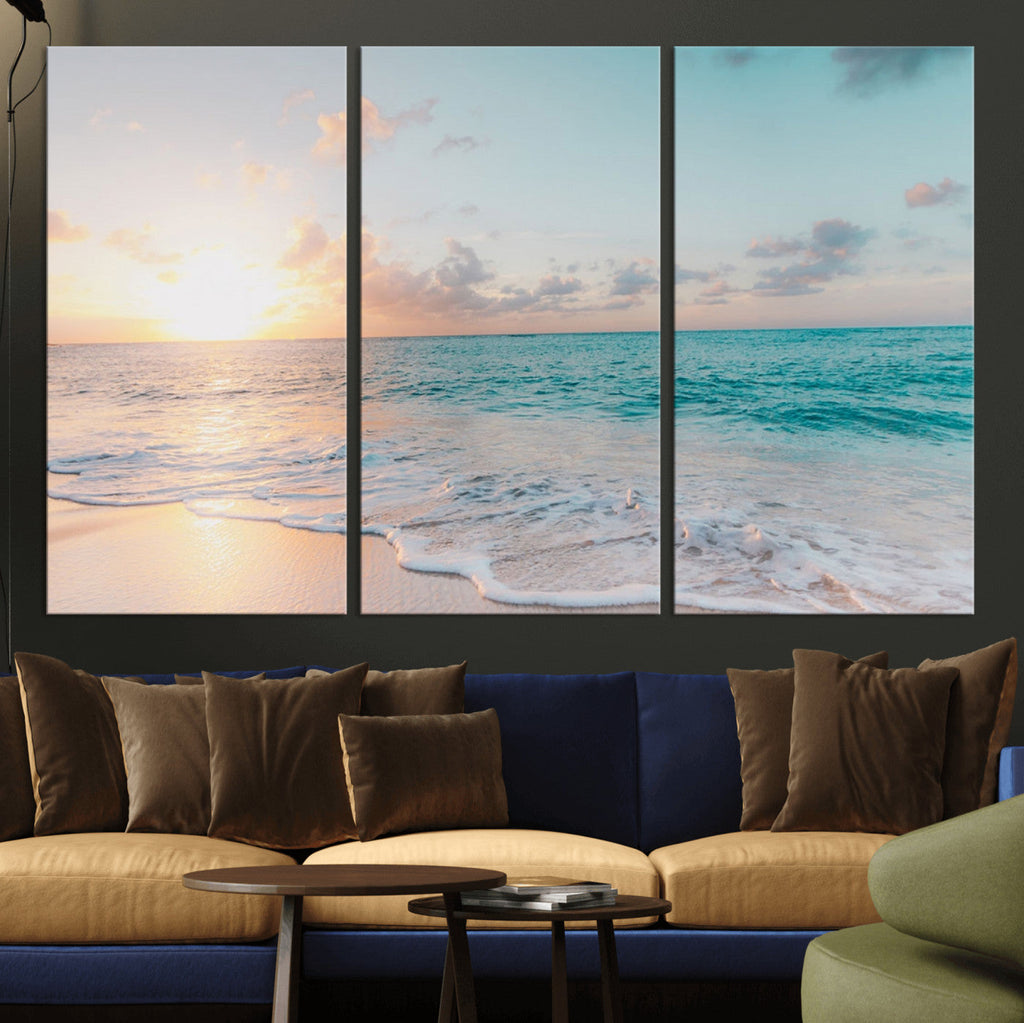 Tranquil Ocean Beach Sunset Canvas Wall Art | 3-Panel Coastal Decor