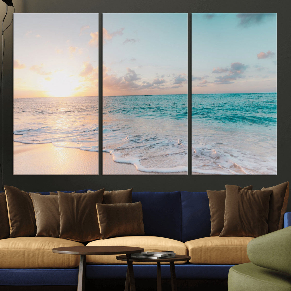 Tranquil Ocean Beach Sunset Canvas Wall Art | 3-Panel Coastal Decor