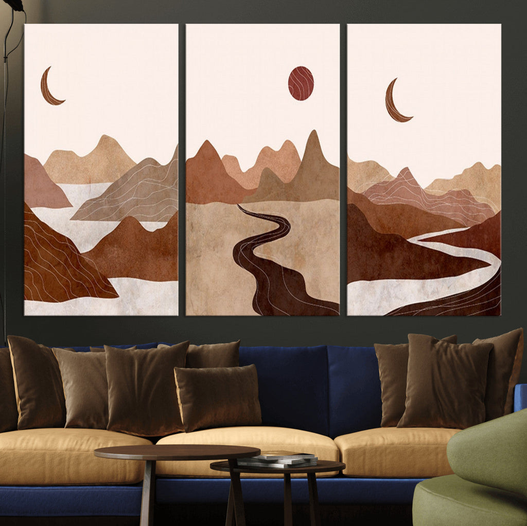 Boho Wall Art Canvas Print Set | Mid-Century Bohemian Wall Artwork, Boho Neutral