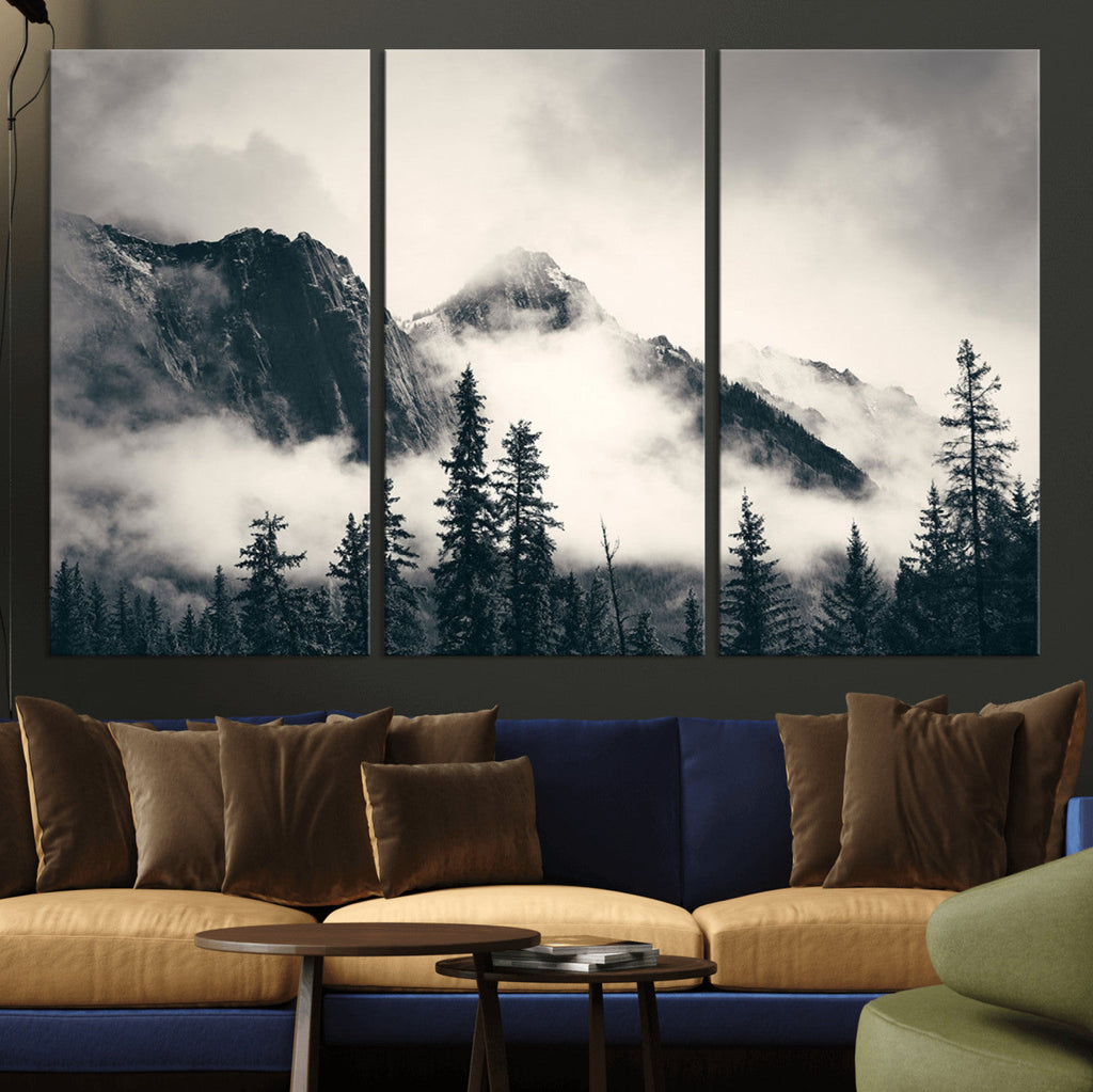 Forest Mountain Print | Black and White Canvas Wall Art with Misty Forest Design