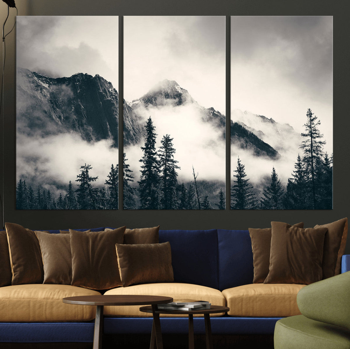 Forest Mountain Print | Black and White Canvas Wall Art with Misty Forest Design