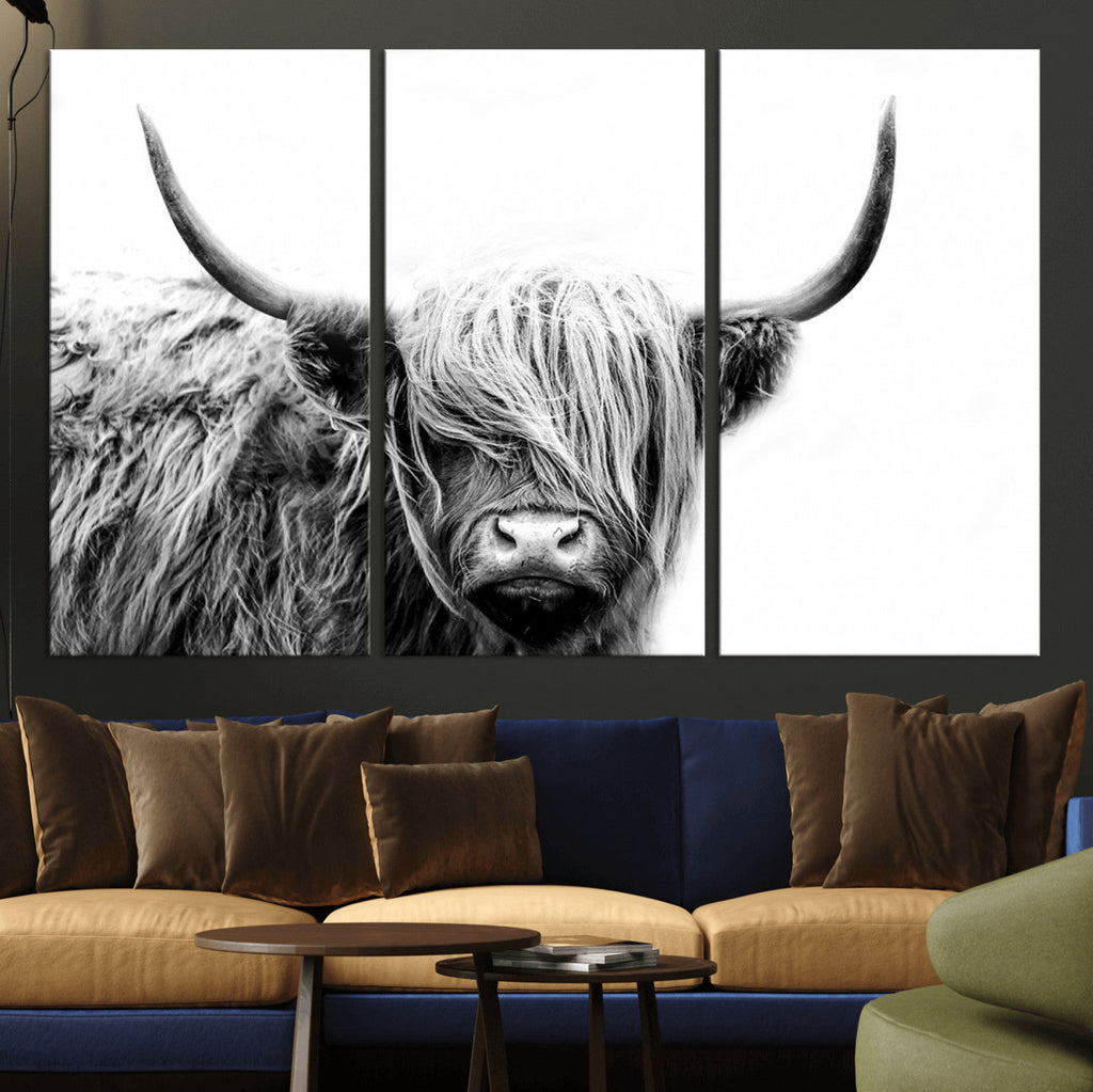 Black White Scottish Highland Cow Cattle Art Print Farmhouse Decor