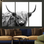 Black White Scottish Highland Cow Cattle Art Print Farmhouse Decor