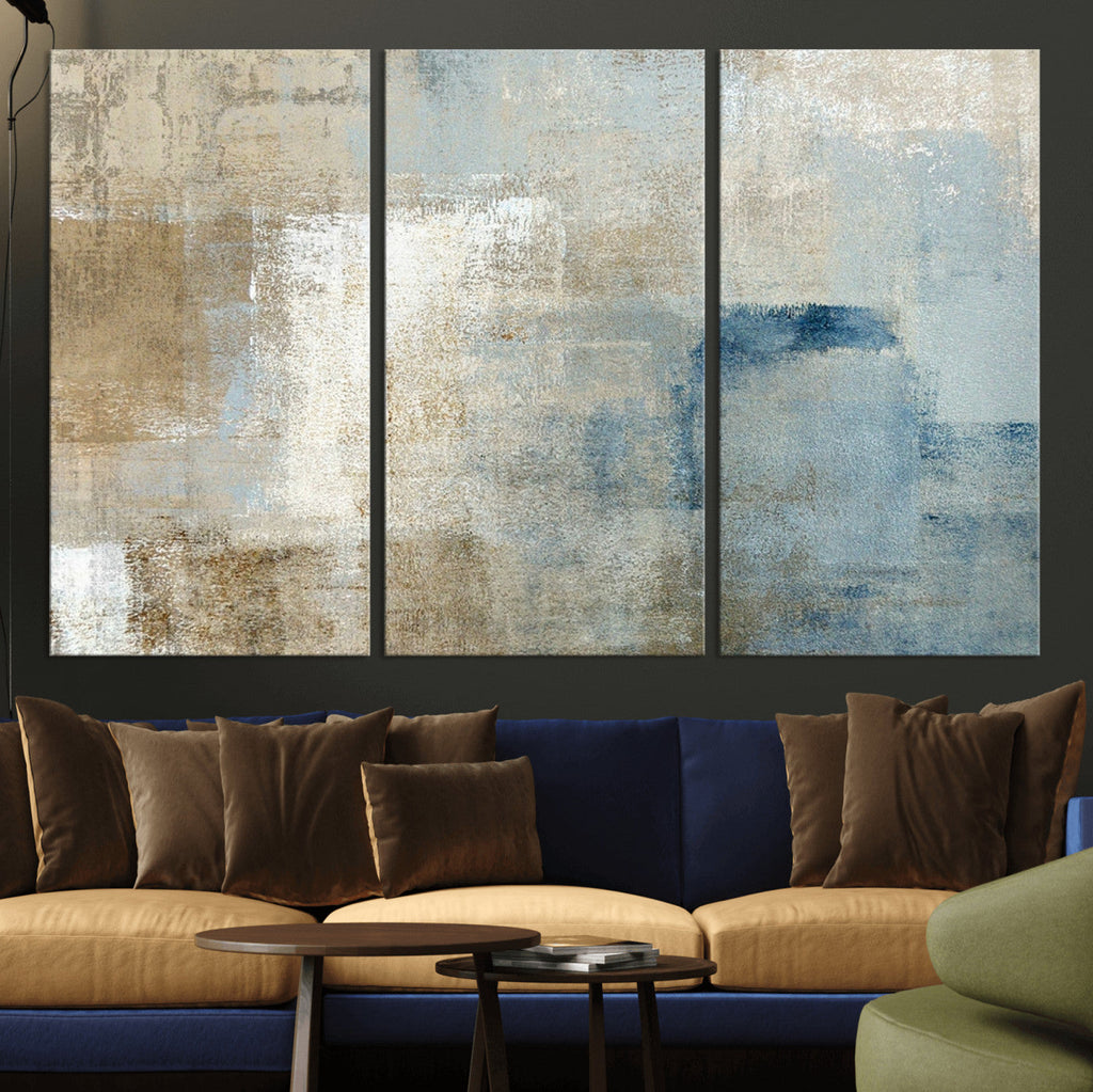 Abstract Blue and Beige Wall Art, Modern Minimalist Canvas Print Set