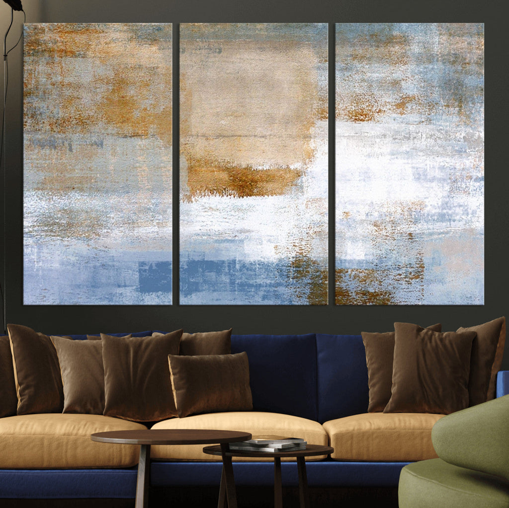Blue Multi Panel Abstract Wall Art Canvas, Abstract Blue and Gold Canvas Print