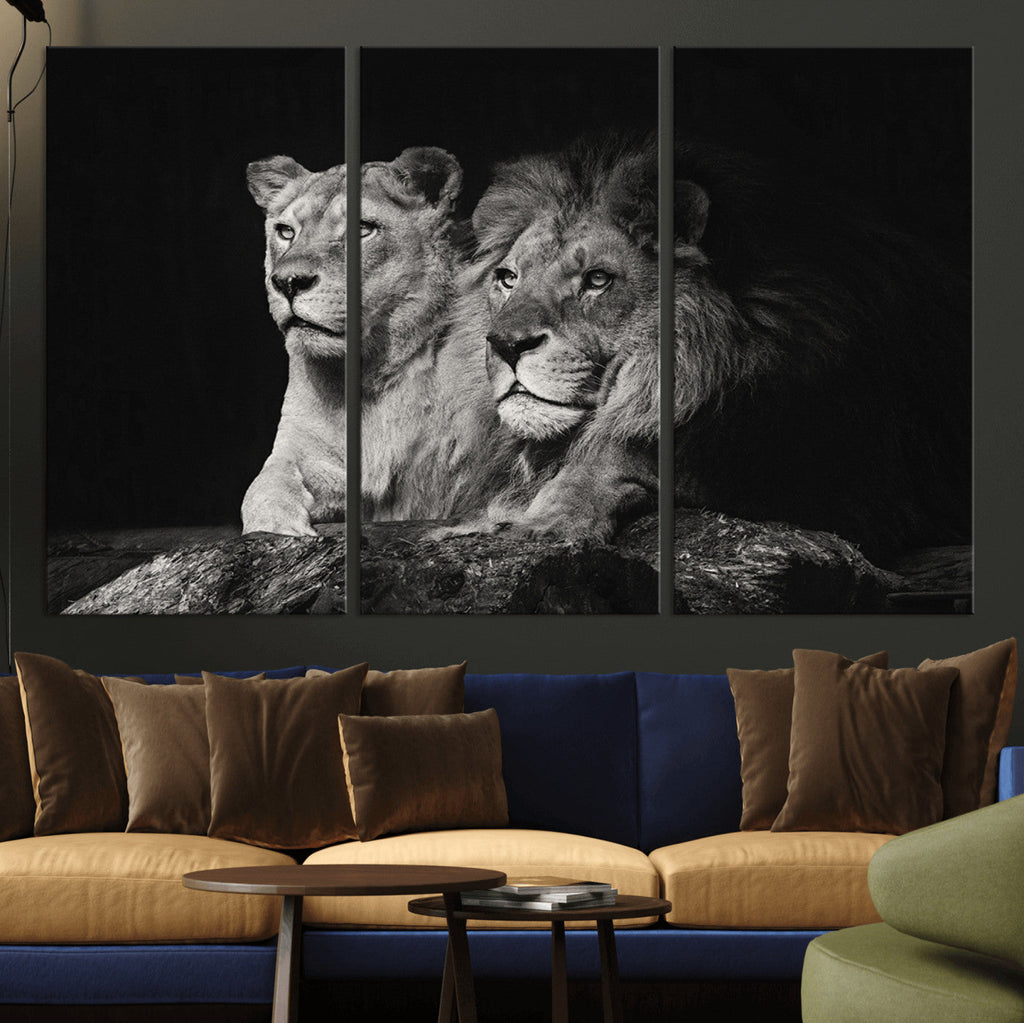 Lion Couple Wall Art Canvas Print, Elegant Black and White Wildlife Portrait