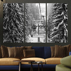 Winter Ski Lift Black and White Canvas Wall Art | Alpine Escape in Minimalist Style