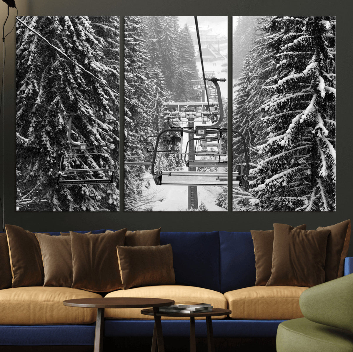 Winter Ski Lift Black and White Canvas Wall Art | Alpine Escape in Minimalist Style