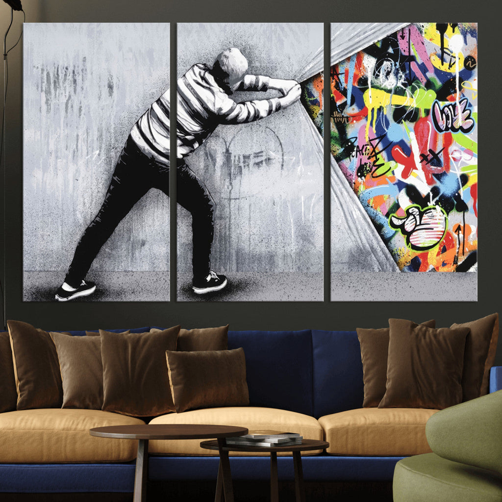Banksy Art Behind the Curtain Street Wall Art Canvas Print | Urban Graffiti Style Wall Decor