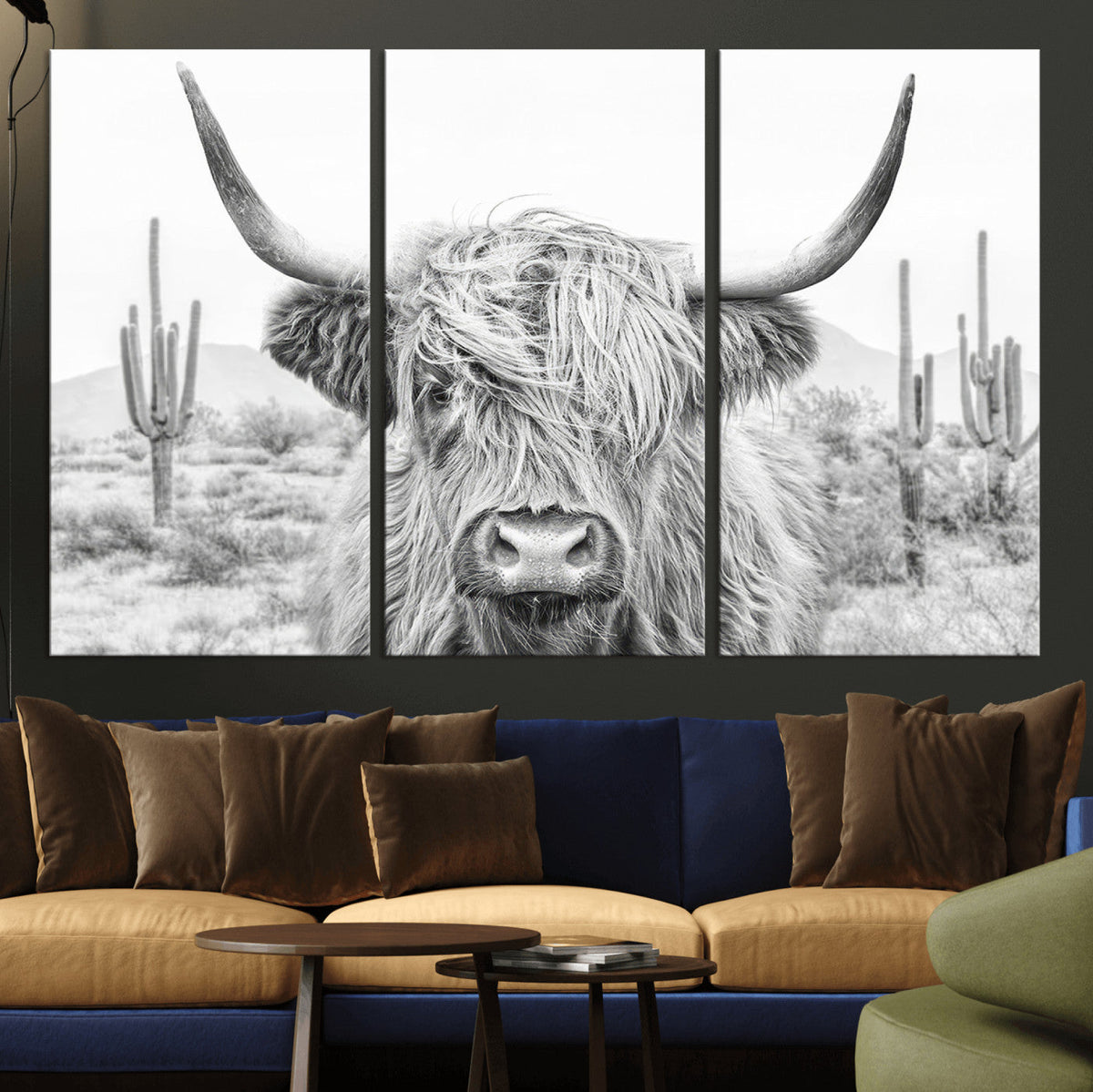 Rustic Charm, Cow Longhorn Black White Bighorn Wall Art