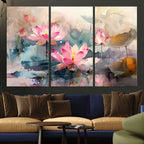 Lotus Flower Wall Art | 3 Panel Giclee Canvas Print of Pink Lotus Blossoms