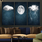 3 Piece Indigo Cloud Wall Art, Thunderstorm Moon Cloud Artwork