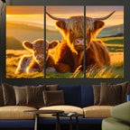 Scottish Cow and Baby Cow Canvas Wall Art Animal Print