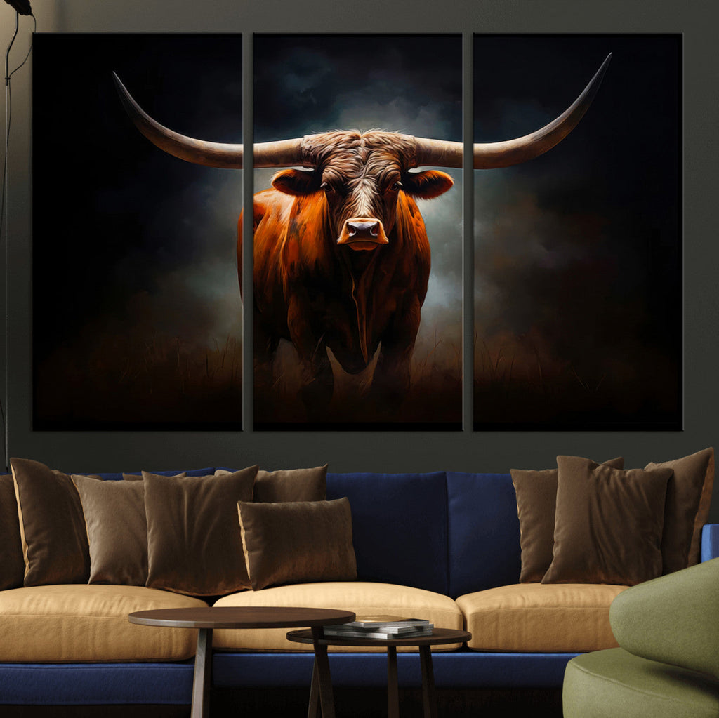 Abstract Texas Longhorn Wall Art Print | 3-Panel Large Texas Longhorn Canvas