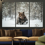 Grizzly Bear Wall Art | Framed Snowy Forest Canvas Artwork