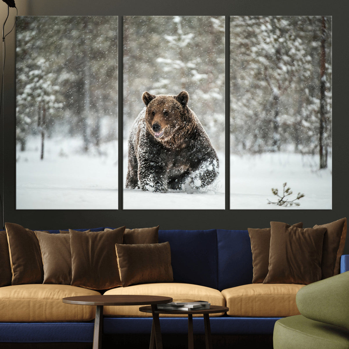 Grizzly Bear Wall Art | Framed Snowy Forest Canvas Artwork