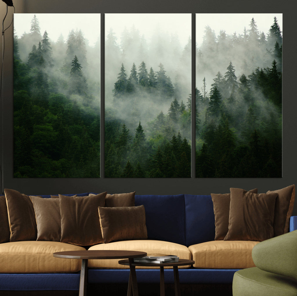 Misty Forest Wall Art | Tranquil Green Woodland Canvas Print