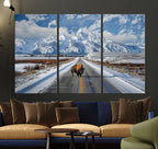 Bison Wall Art | Snowy Road Wall Art | Framed Mountain Landscape Canvas