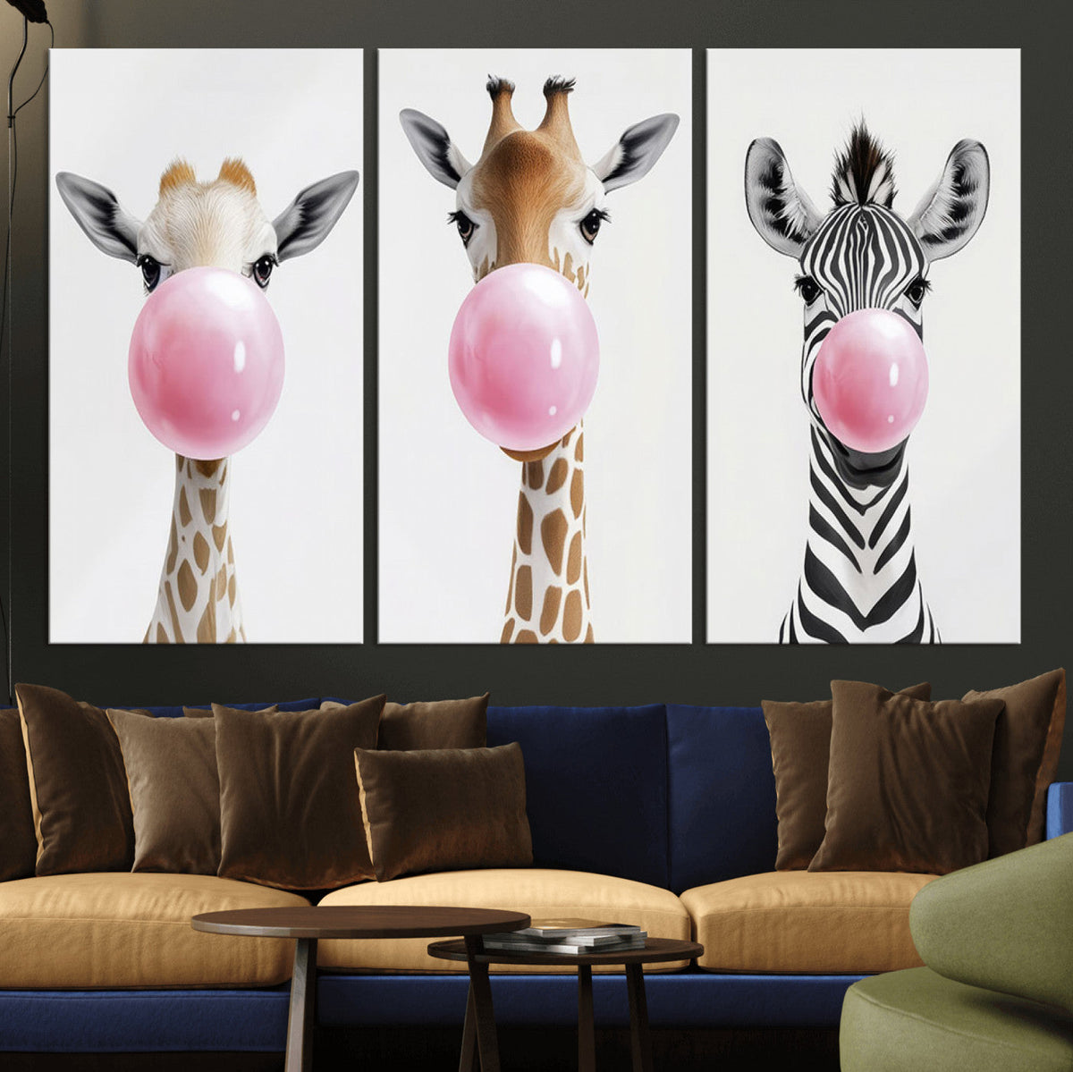 Bubblegum Animals Canvas Wall Art, Playful Giraffe and Zebra Trio, Whimsical Nursery and Kids Room Decor