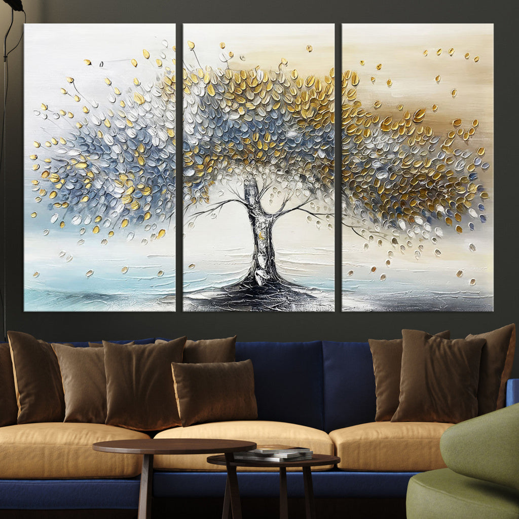 Silver Tree Wall Art | Framed Golden Leaves Canvas Artwork