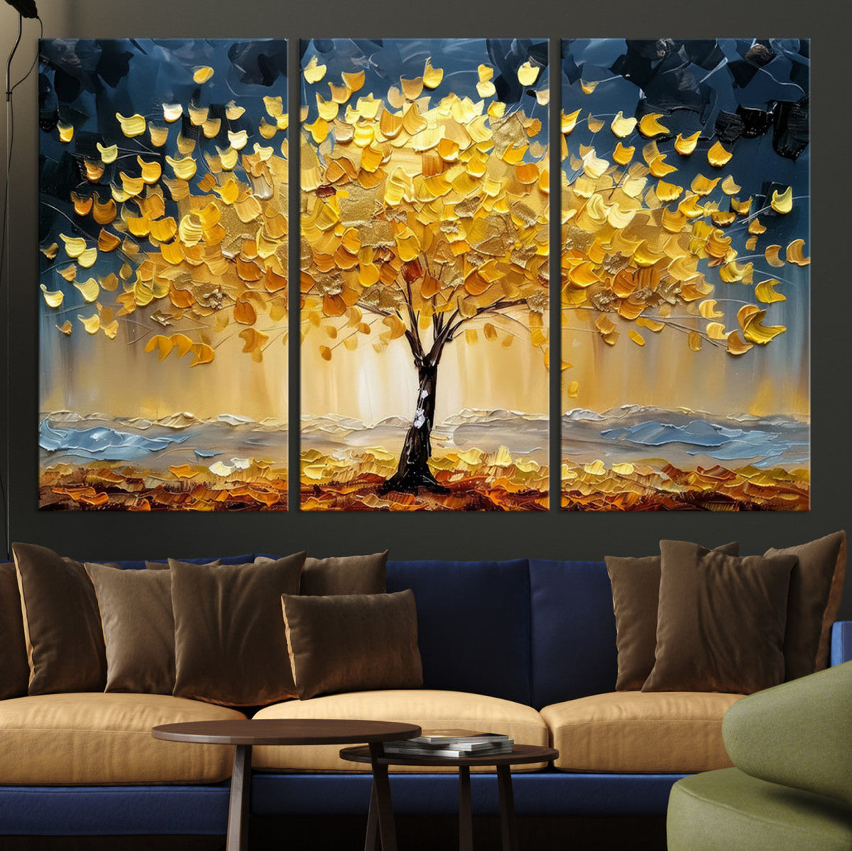 Golden Tree Wall Art | Framed Autumn Leaves Canvas Artwork