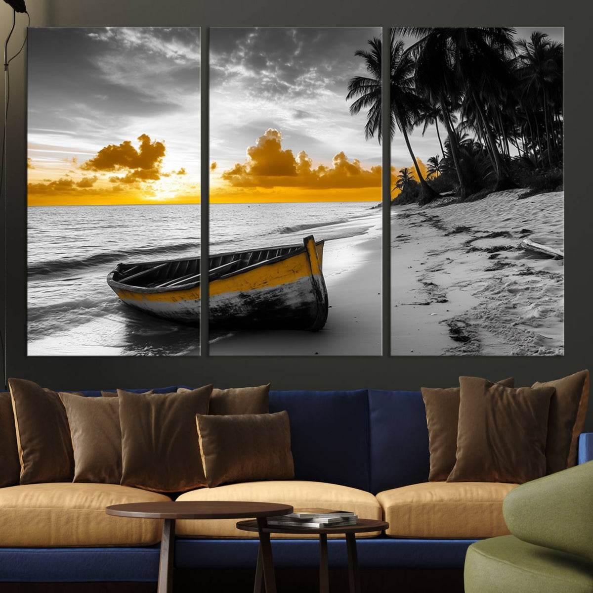 Yellow Rowboat Wall Art | Framed Tropical Shoreline Canvas