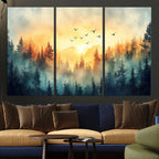 Sunrise Forest Wall Art | Framed Misty Pines Canvas Artwork