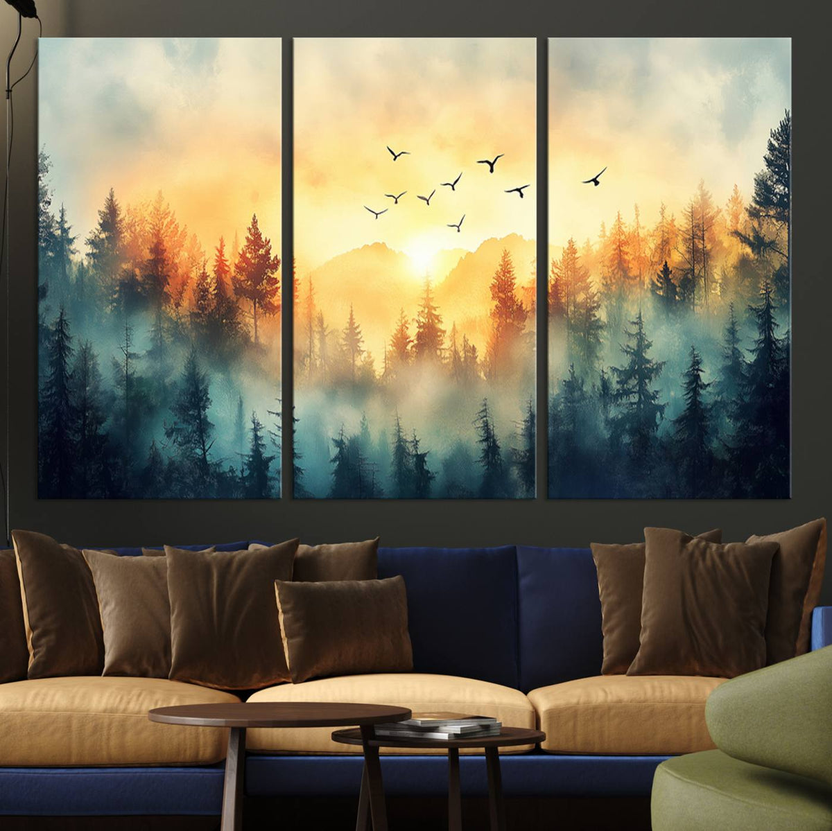 Sunrise Forest Wall Art | Framed Misty Pines Canvas Artwork
