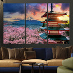 Mount Fuji Cherry Blossom Wall Art Canvas Print | Framed Pagoda Sunset