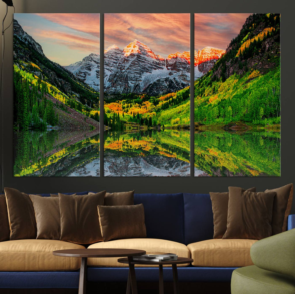 Sunset Glow Mountain Wall Art Canvas Print | Peaks, Green Forest and Lake
