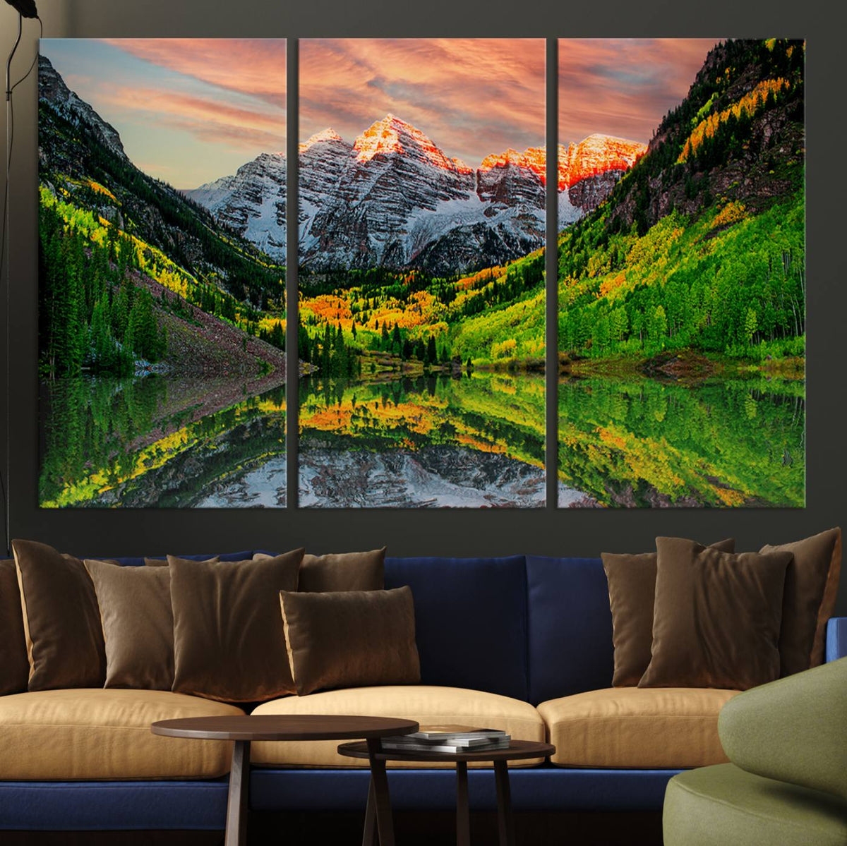 Sunset Glow Mountain Wall Art Canvas Print | Peaks, Green Forest and Lake
