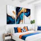 Gold Blue Abstract Canvas Print, Elegant Navy and Gold Marble Flow