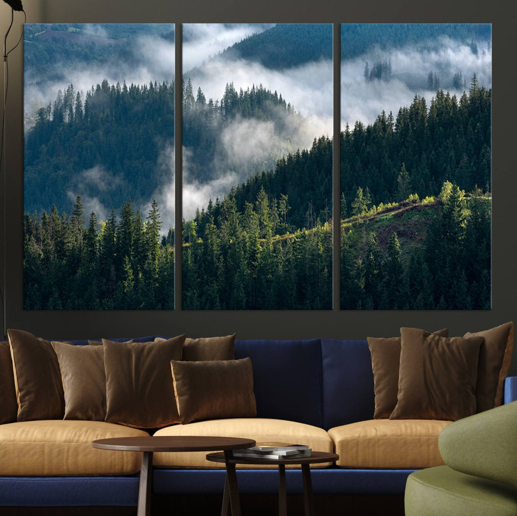 Misty Forest Wall Art Canvas Print | Pine Hills with Foggy Trees