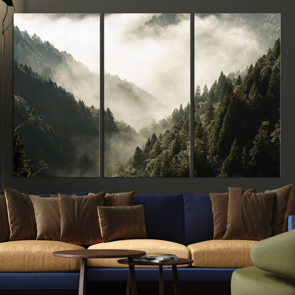 Misty Valley Wall Art Canvas Print | Foggy Forest and Pine Trees