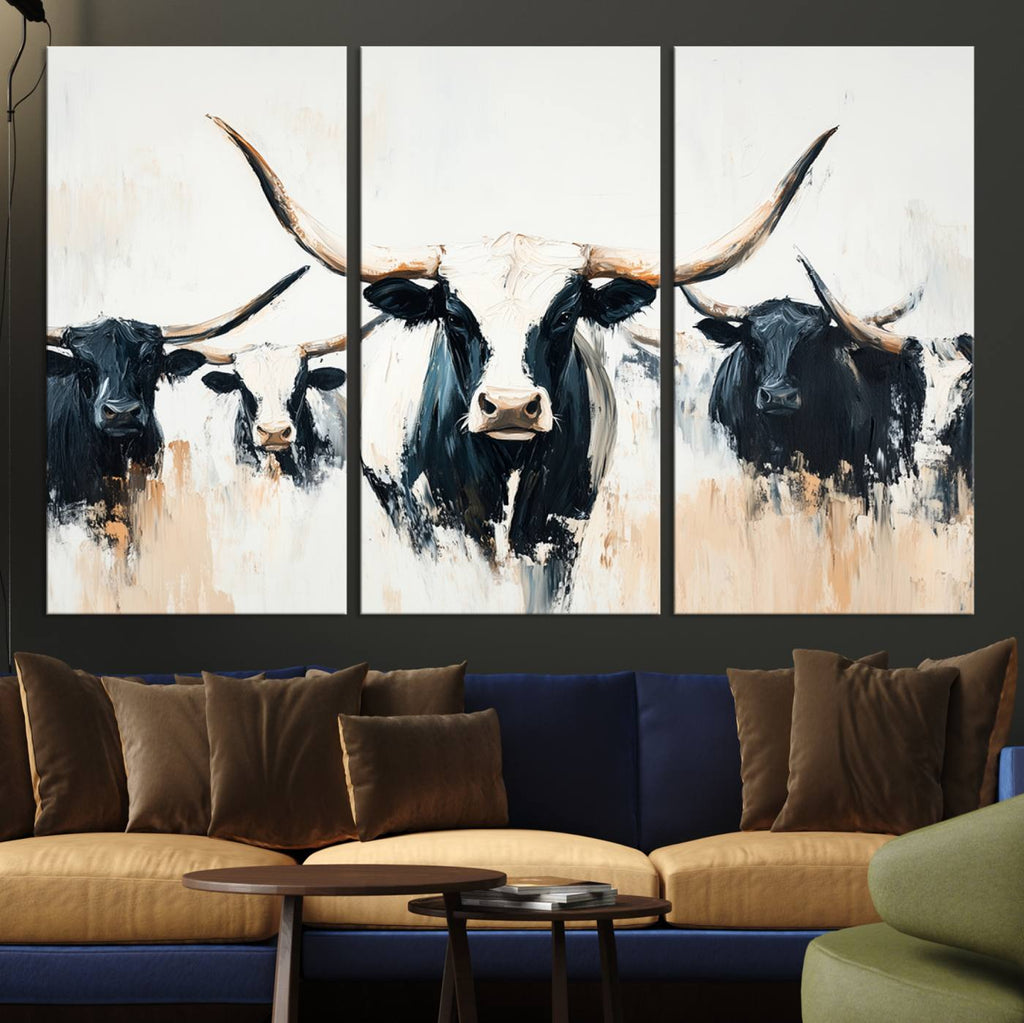Texas Longhorn Wall Art Canvas Print | Majestic Horned Bull in Black and White